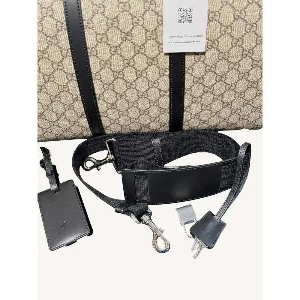 Gucci GG Supreme XL Travel Duffel Bag Beige Ebony Black Leather Full Set New